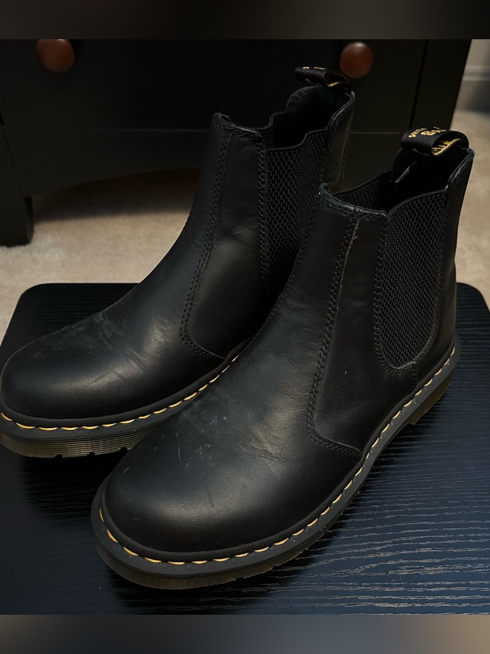 Dr. Martens Black Leather Chelsea Boots with Yellow Stitching
